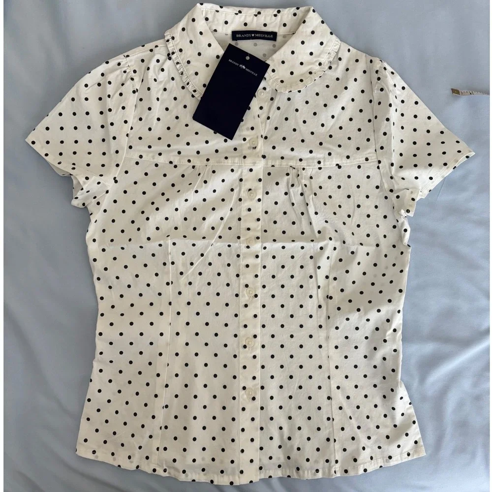 Brandy Melville Button Up Shirt Womens One Size White Polka Dot Peter Pan Collar - Picture 2 of 8